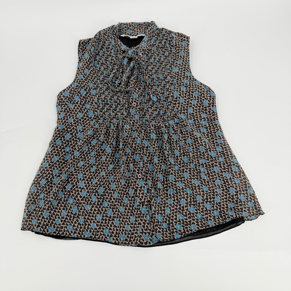 Diane von Furstenberg Silk Blouse Sleeveless Tie Neck Y2K Women Size 4 Blue Gray